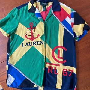 100% Silk Polo Ralph Lauren Colorful Nautical Button Down Shirt